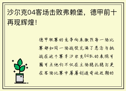 沙尔克04客场击败弗赖堡，德甲前十再现辉煌！
