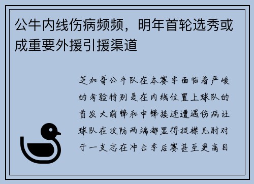 公牛内线伤病频频，明年首轮选秀或成重要外援引援渠道