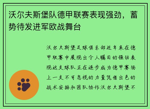 沃尔夫斯堡队德甲联赛表现强劲，蓄势待发进军欧战舞台