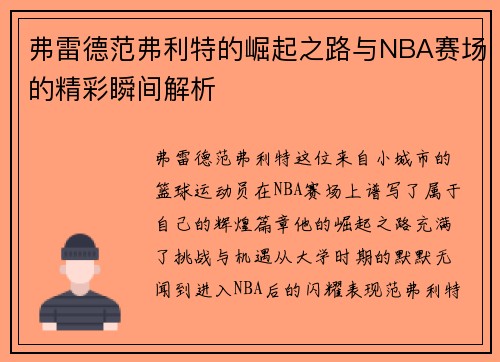 弗雷德范弗利特的崛起之路与NBA赛场的精彩瞬间解析