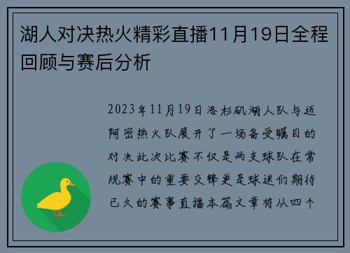 湖人对决热火精彩直播11月19日全程回顾与赛后分析