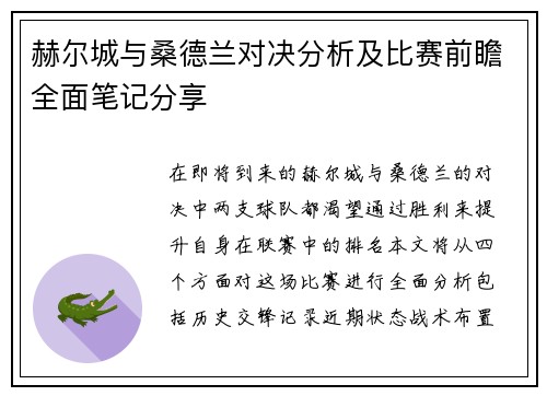 赫尔城与桑德兰对决分析及比赛前瞻全面笔记分享