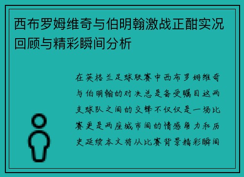 西布罗姆维奇与伯明翰激战正酣实况回顾与精彩瞬间分析