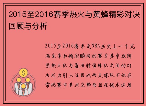 2015至2016赛季热火与黄蜂精彩对决回顾与分析