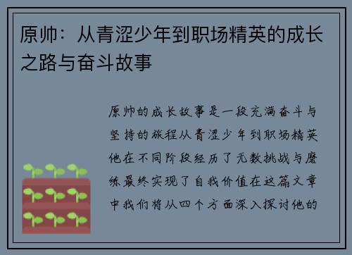 原帅：从青涩少年到职场精英的成长之路与奋斗故事
