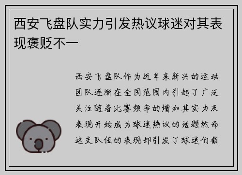 西安飞盘队实力引发热议球迷对其表现褒贬不一