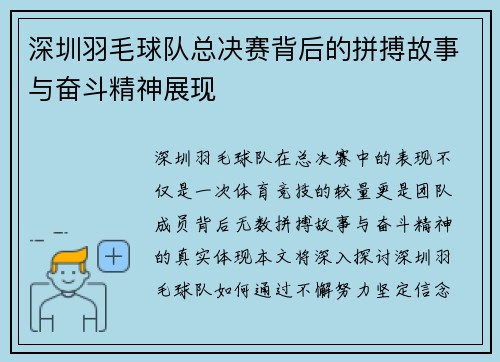 深圳羽毛球队总决赛背后的拼搏故事与奋斗精神展现